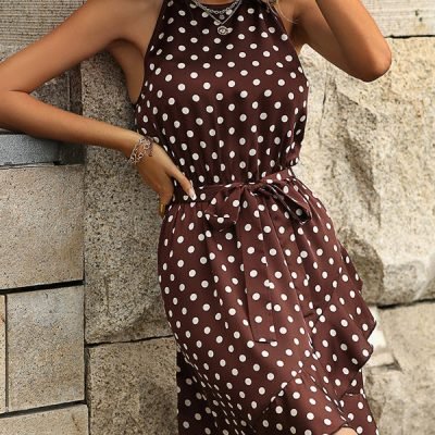Dots Print Knot Waist Ruffle Mini Dress