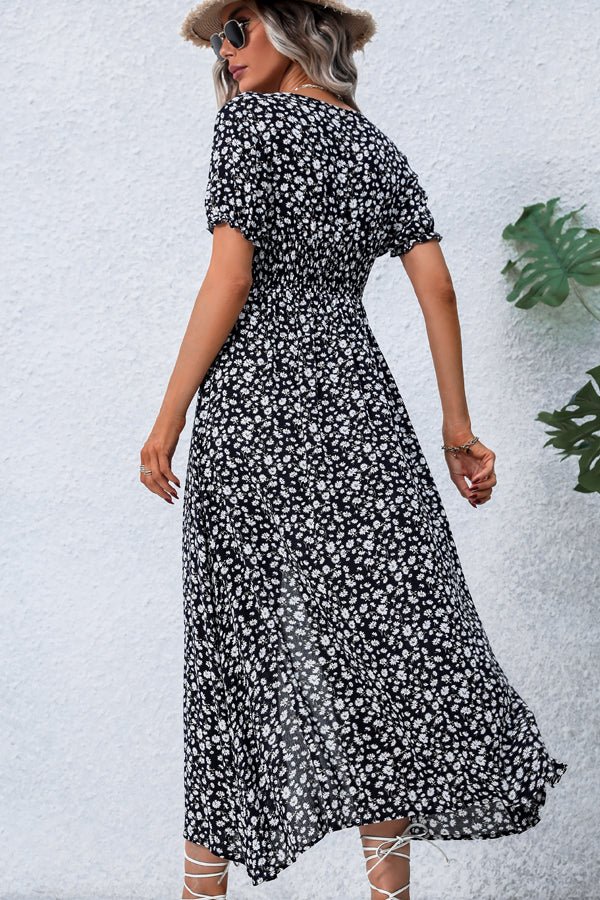 V Neck Smocked Chest Floral Print Maxi Dress - Image 5