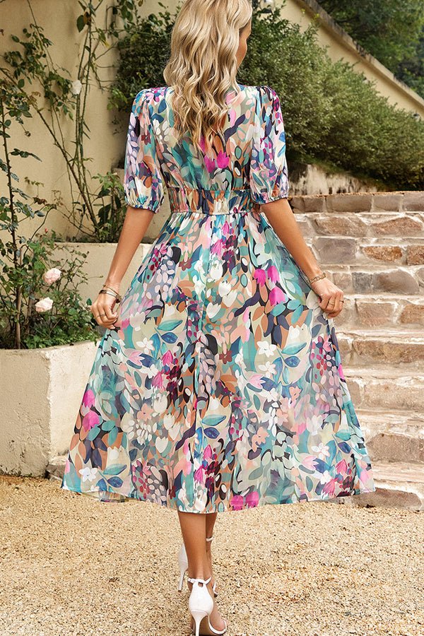 V Neck Smocked Waist Floral Print Maxi Dress - Image 4