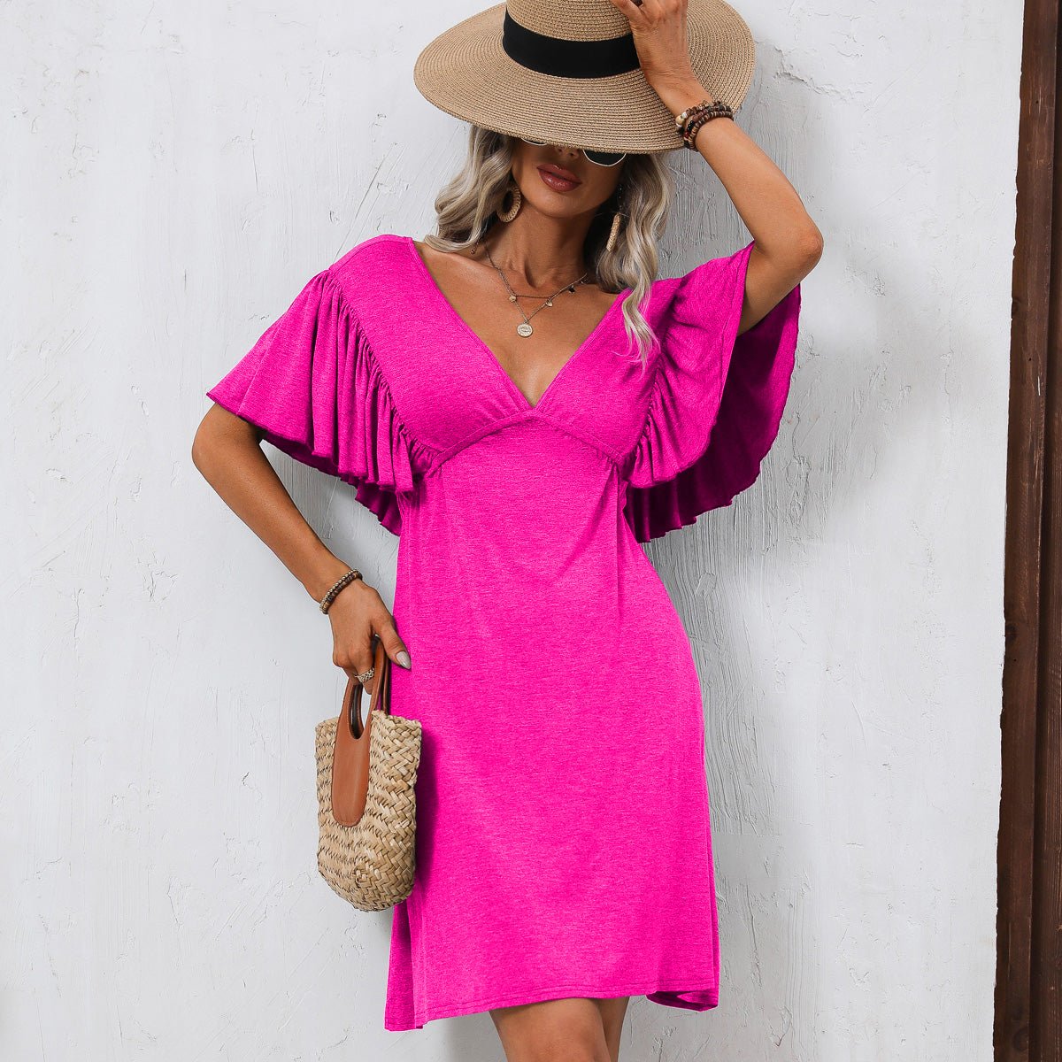 DeepPink Ruffle Sleeve Solid V Neck Casual Mini Dress - Image 7