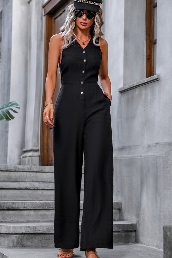 V Neck Button Cutout Casual Jumpsuits