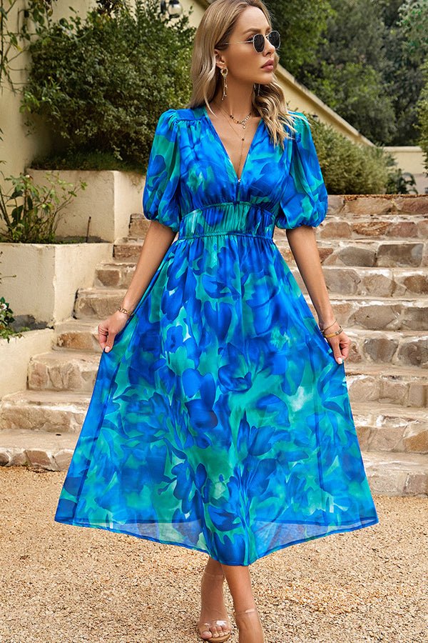 Fashion V Neck Smocked Waist Floral Print Maxi Dress - Image 2