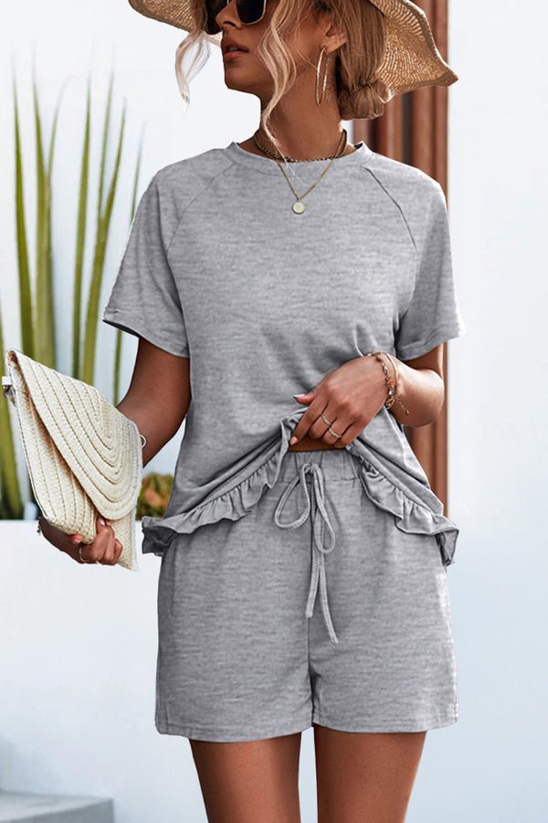 Round Neck Ruffle Hem Solid Color Two Pieces Set - Image 3