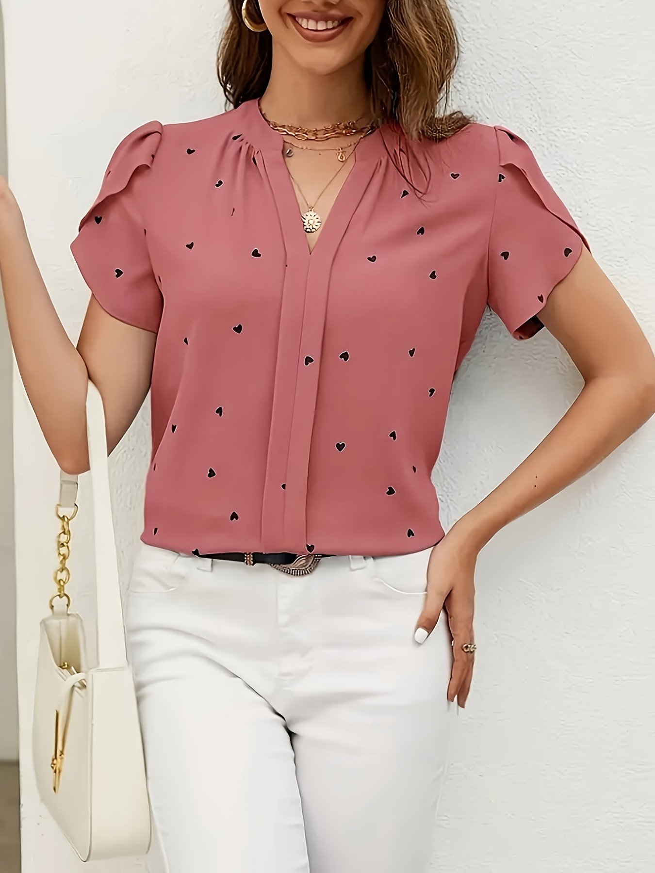 Heart Print V Neck Blouse, Casual Petal Sleeve Blouse For Spring & Summer, Women??s Clothing