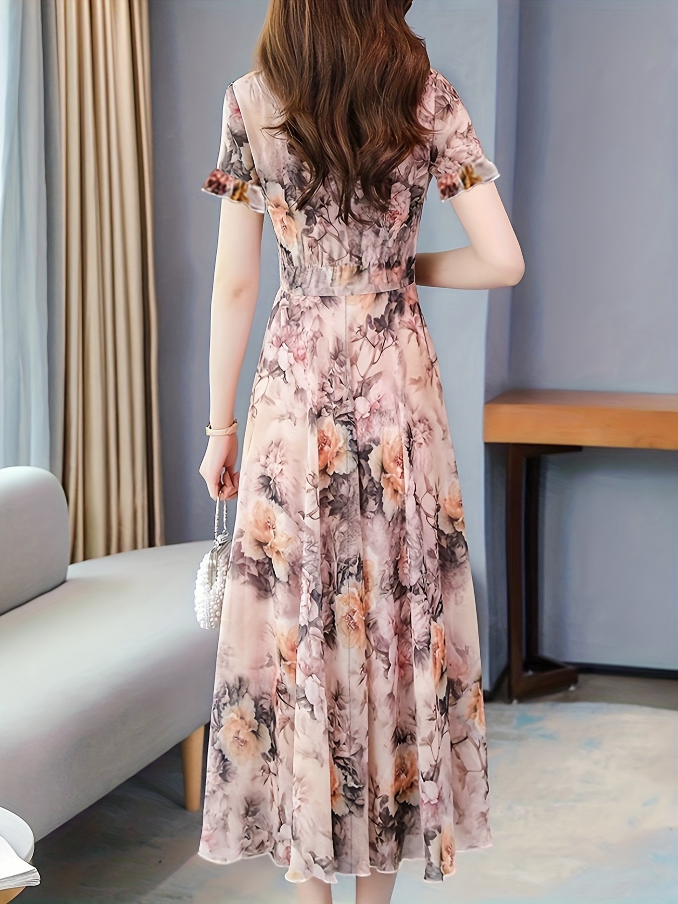 Floral Print Crew Neck Dress, Elegant Short Sleeve Dress For Spring & Summer, Women??s Clothing For Elegant Dressing - Image 5