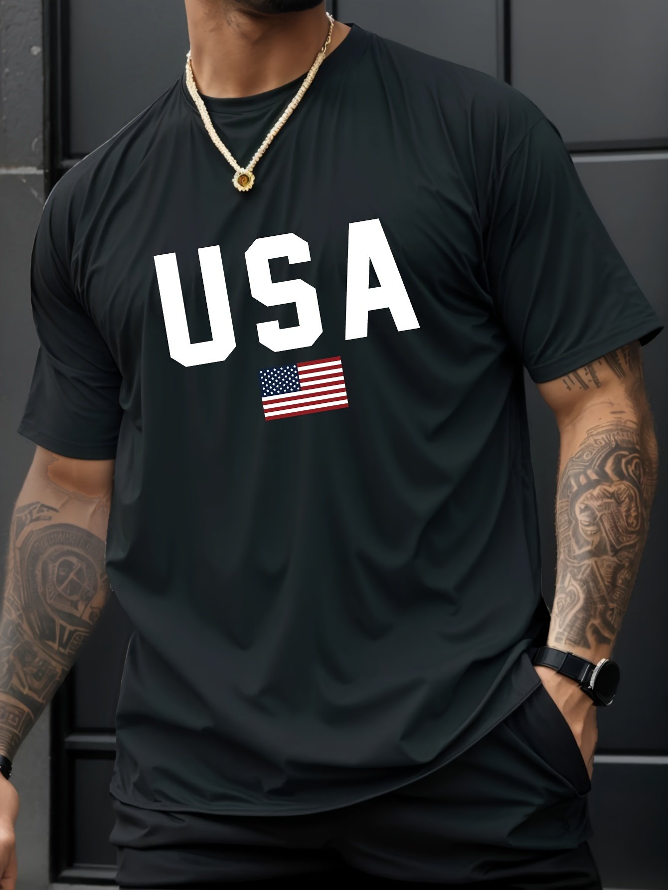 USA Print Men??s Creative Top, Casual Short Sleeve Crew Neck T-shirt, Men??s Clothing For Summer Outdoor