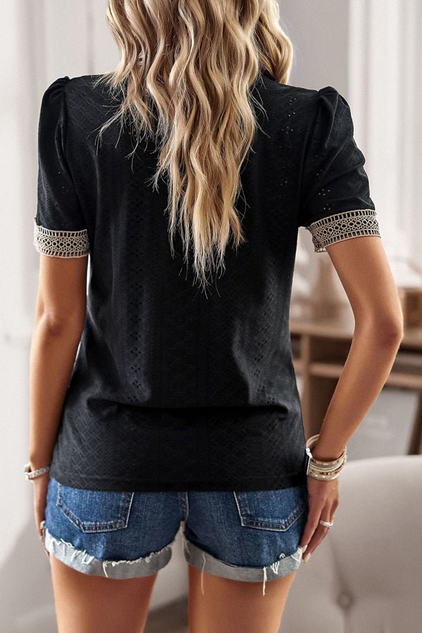 V Neck Patchwork Short Sleeve Casual Tops - Image 4