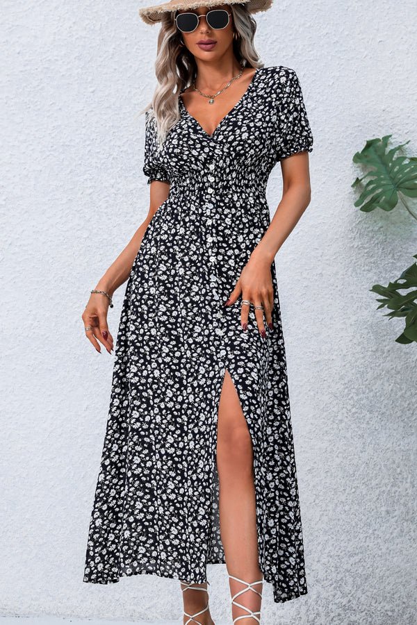 V Neck Smocked Chest Floral Print Maxi Dress - Image 2