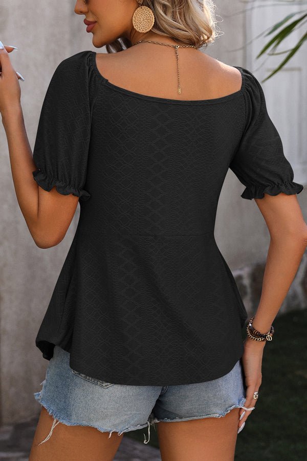 Puff Sleeve Drawstring Solid Black Casual Tops - Image 5