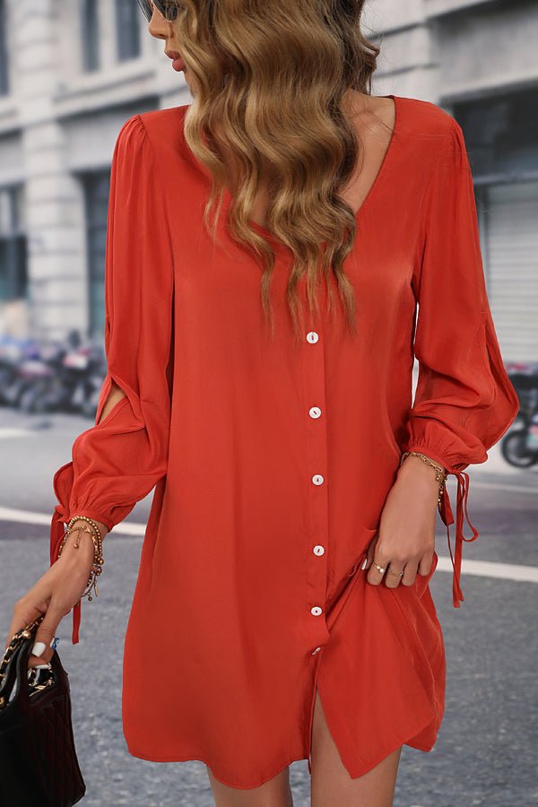 Long Sleeve Button Round Neck Solid Dress - Image 2