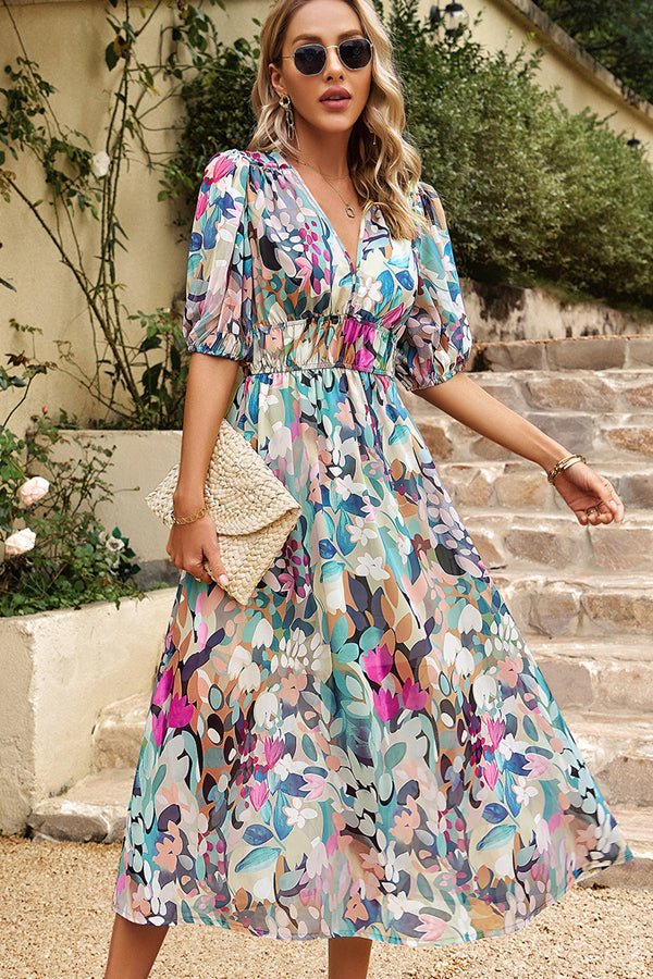 V Neck Smocked Waist Floral Print Maxi Dress - Image 2