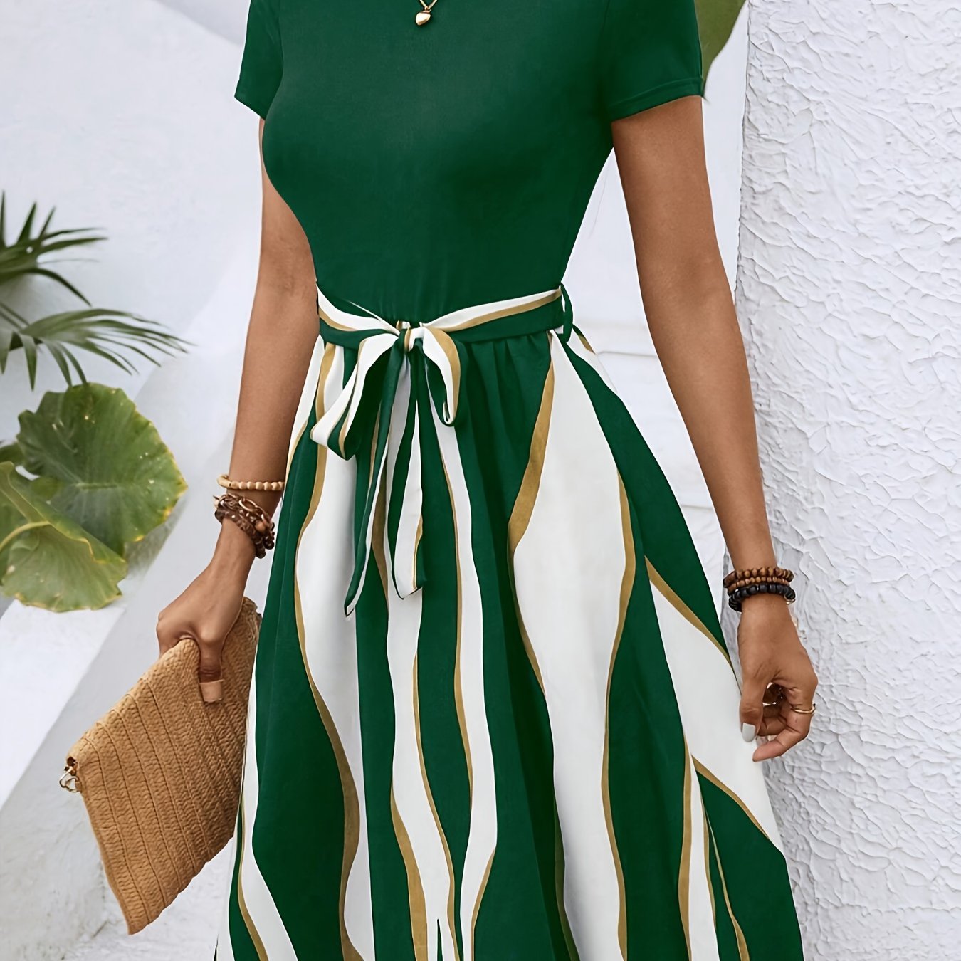 Striped Print Tie Waist Splicing Dress, Versatile Short Sleeve Dress For Spring & Summer, Women??s Clothing For Elegant Dressing - Image 2