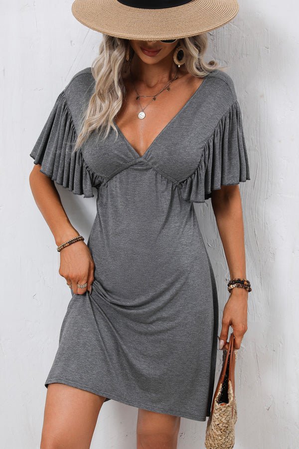 Ruffle Sleeve Solid V Neck Casual Mini Dress - Image 4