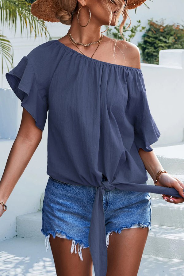 Knot Front Ruffle Sleeve Casual Tops - Image 2