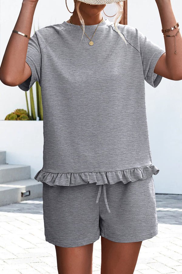 Round Neck Ruffle Hem Solid Color Two Pieces Set - Image 5