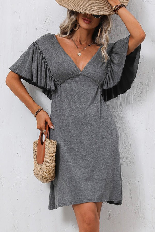 Ruffle Sleeve Solid V Neck Casual Mini Dress - Image 6