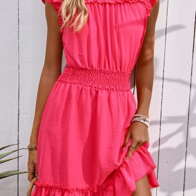 Smocked Waist Solid Color Ruffle Hem Mini Dress