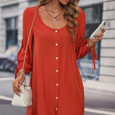 Long Sleeve Button Round Neck Solid Dress