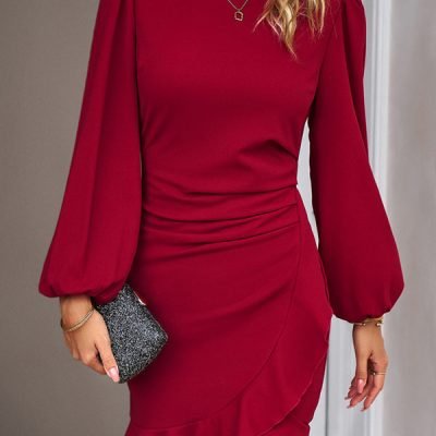 Puff Sleeve Round Neck Solid Ruffle Hem Bodycon Dress