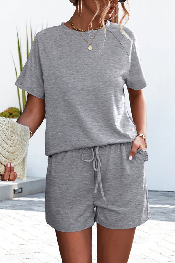 Round Neck Ruffle Hem Solid Color Two Pieces Set - Image 2