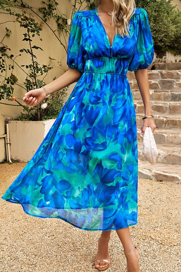 Fashion V Neck Smocked Waist Floral Print Maxi Dress - Image 4