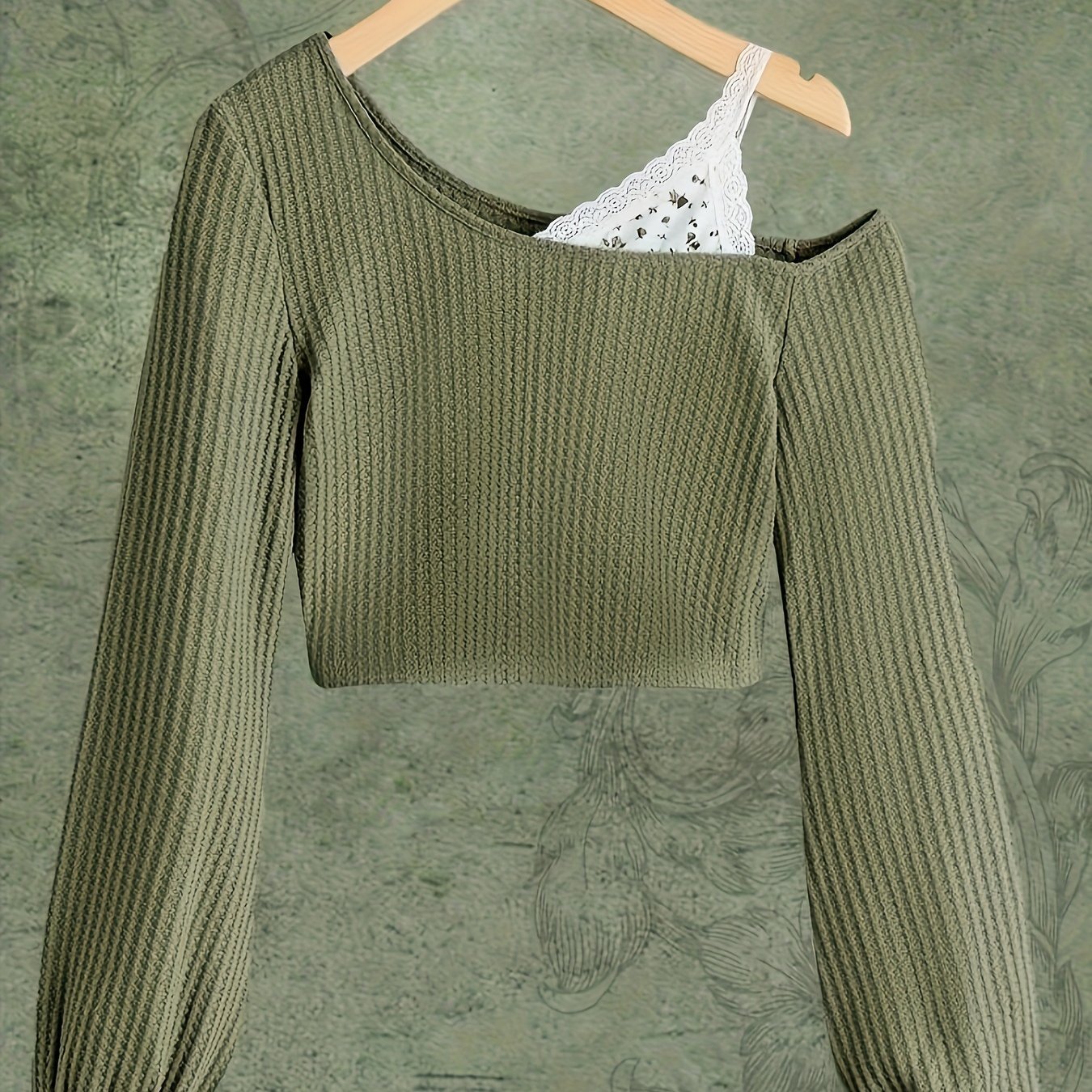 Cold Shoulder Contrast Lace T-shirt, Elegant Long Sleeve T-shirt, Women??s Clothing - Image 2