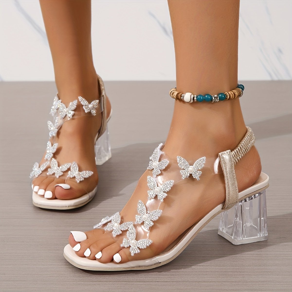 Women??s Butterfly Clear Chunky Heels, Square Open Toe Elastic Strap Mid Heels, Stylish Slip On Slingback Sandals - Image 5