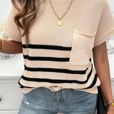 Round Neck Stripe Print Causal Tops