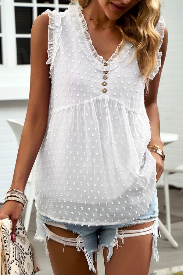 Cute V Neck Button Sleeveless Tops - Image 2