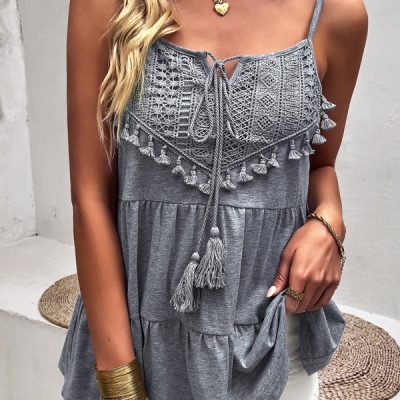 Tassel Design Solid Color Casual Tops