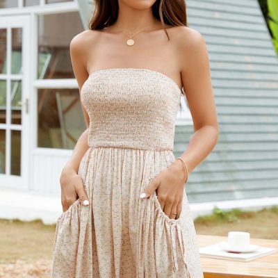 Smocked Bandeau Floral Print Mini Dress