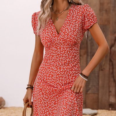 Fashion V Neck Floral Print Casual Mini Dress