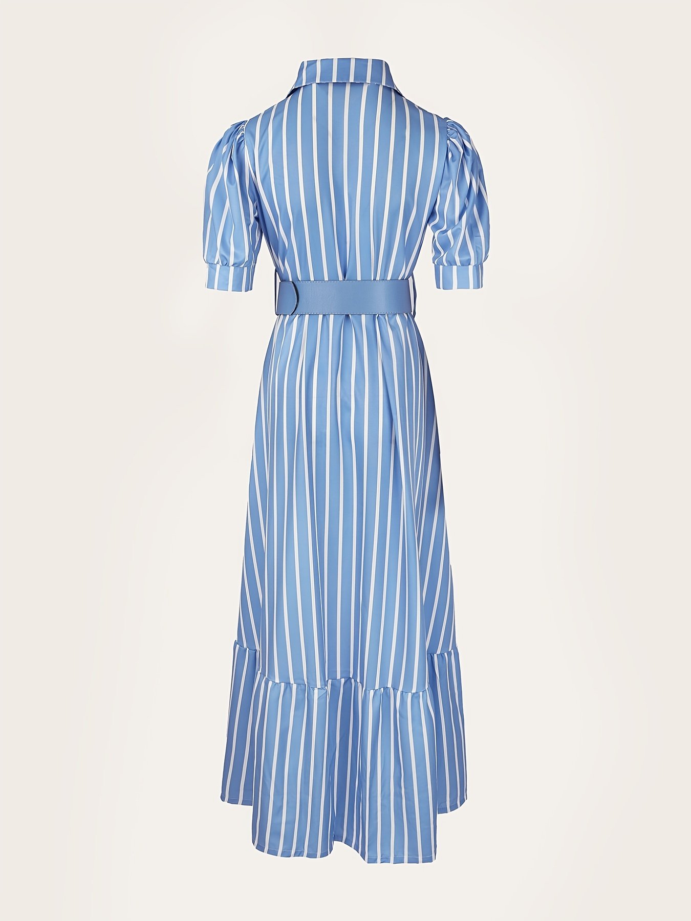 Elegant Striped Lace Up Long Dress, Short Sleeve V-neck Swing Belt Summer Long Dresses, Women??s Clothing - Image 5