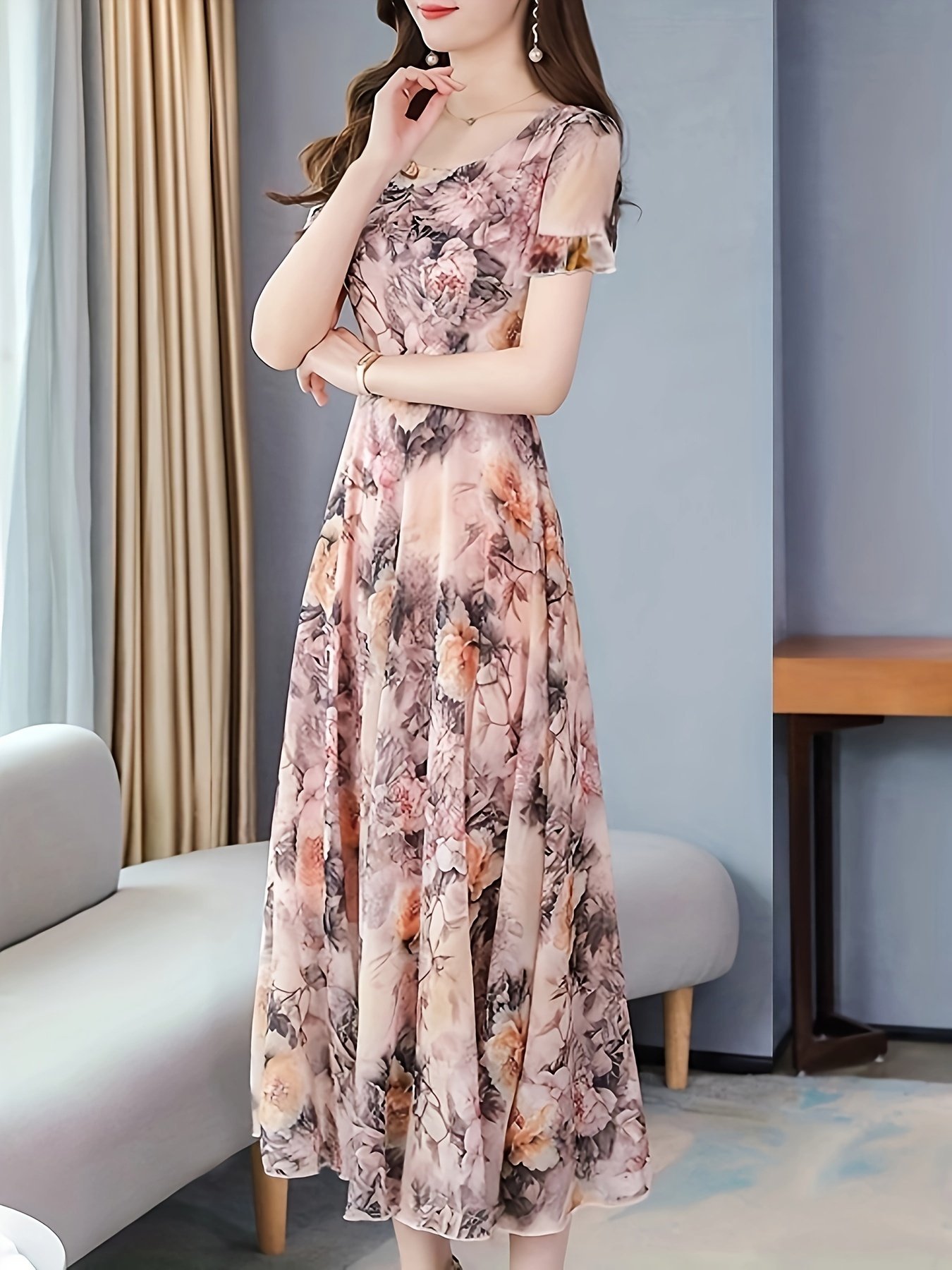 Floral Print Crew Neck Dress, Elegant Short Sleeve Dress For Spring & Summer, Women??s Clothing For Elegant Dressing - Image 6