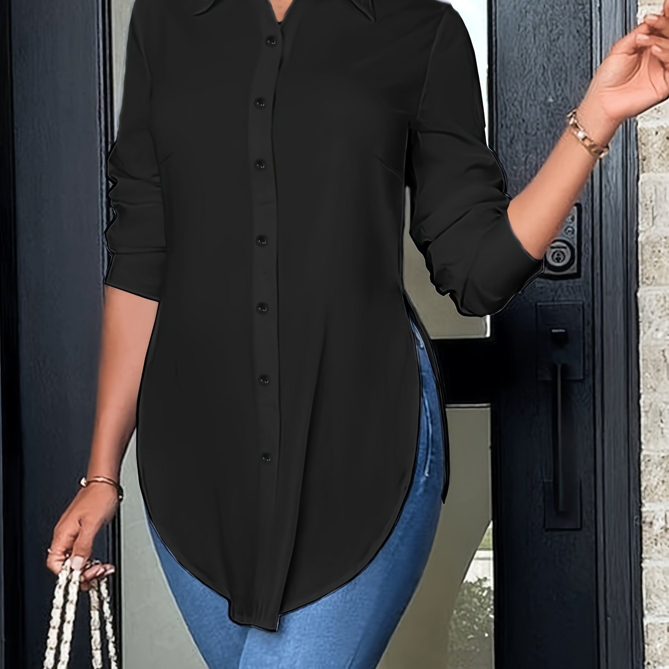 Split Button Front Shirt, Casual Long Sleeve Curved Hem Shirt, Women??s Clothing - Image 6