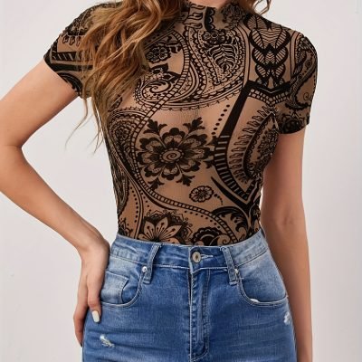 Vintage Floral Print Slim T-shirt, Vintage Short Sleeve Mock Neck Top For Spring & Summer, Women??s Clothing