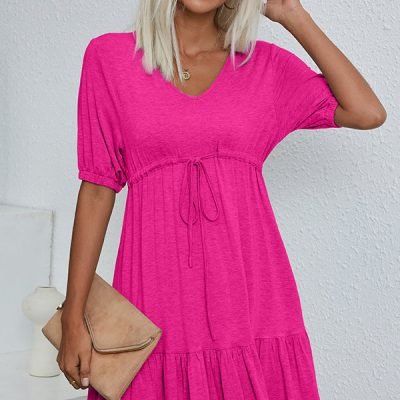 V Neck Drawstring Waist Casual Mini Dress