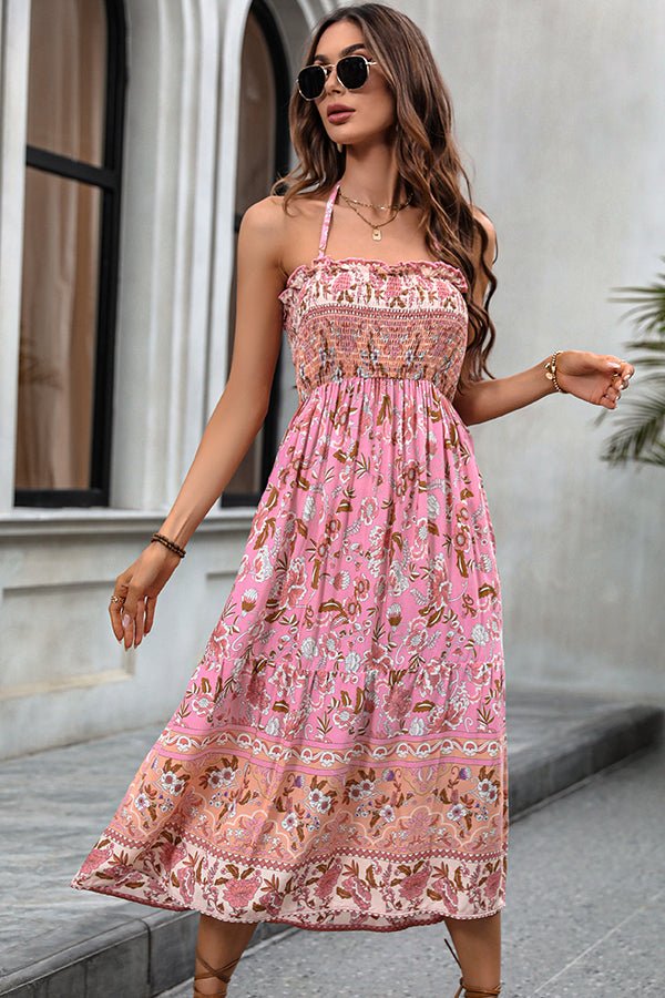 Bohemia Print Smocked Halter Neck Maxi Dress