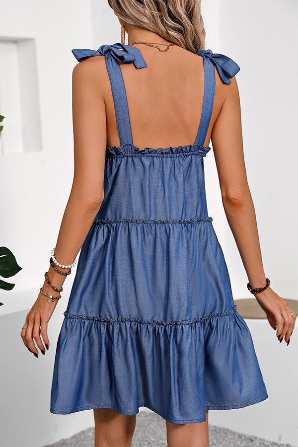 Solid Color Tie Shoulder Frill Casual Dress - Image 5