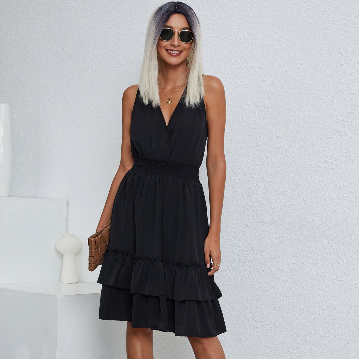 Smocked Waist Solid Sleeveless Casual Mini Dress - Image 7