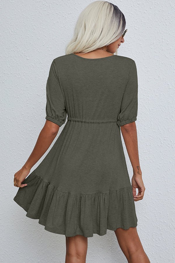 V Neck Drawstring Waist Solid Casual Mini Dress - Image 3