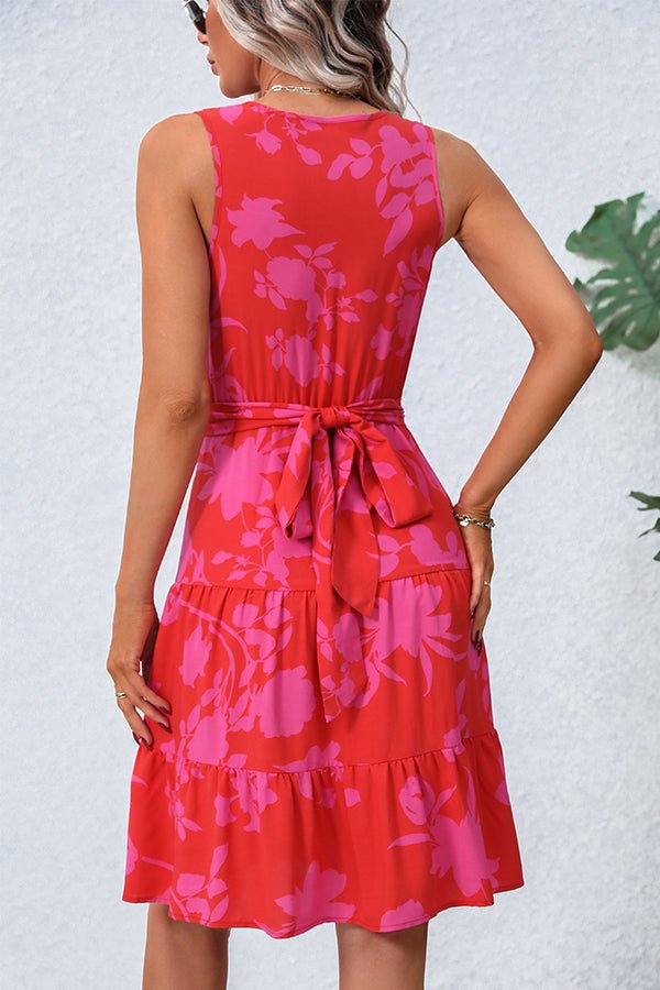 Fashion Tie Waist V Neck Printed Casual Dress - Image 5