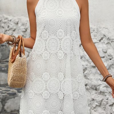 Lace Patchwork Solid Halter Neck Dress