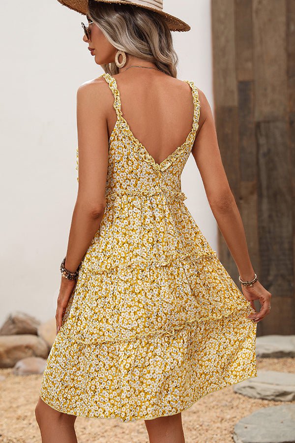 Floral Print V Neck Frill Casual Mini Dress - Image 5