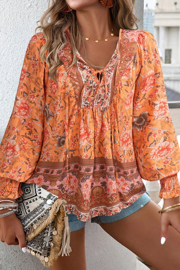 Floral Print Long Sleeve V Neck Casual Tops - Image 2