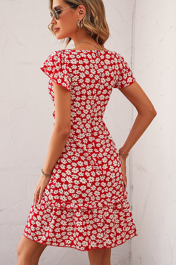 Floral Print V Neck Ruffle Sleeve Dress - Image 5