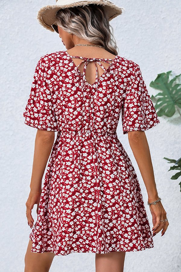 Floral Print V Neck Short Sleeve Casual Dress - Image 5