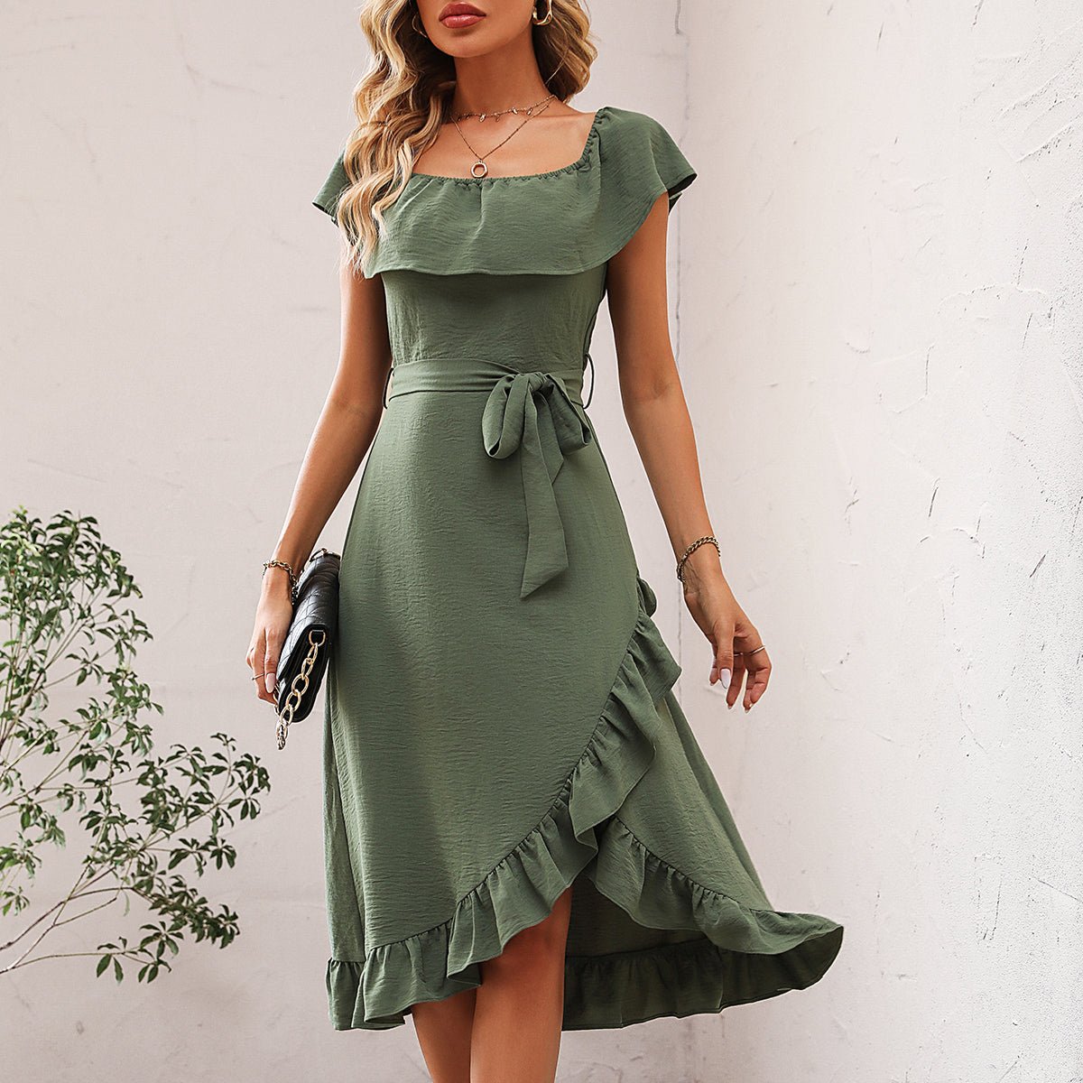 Ruffle Design Solid Round Neck Casual Dress - Image 6
