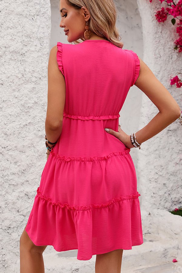 Fashion Solid Smocked V Neck Frill Casual Dress - Image 5
