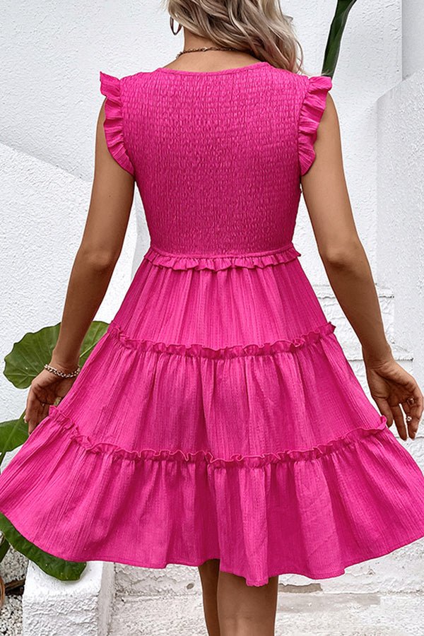 Solid Smocked V Neck Frill Casual Dress - Image 6